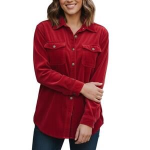 CAROLE LITTLE SPORT PETITES Corduroy Button Down Shirt Long Sleeve Red Womens M
